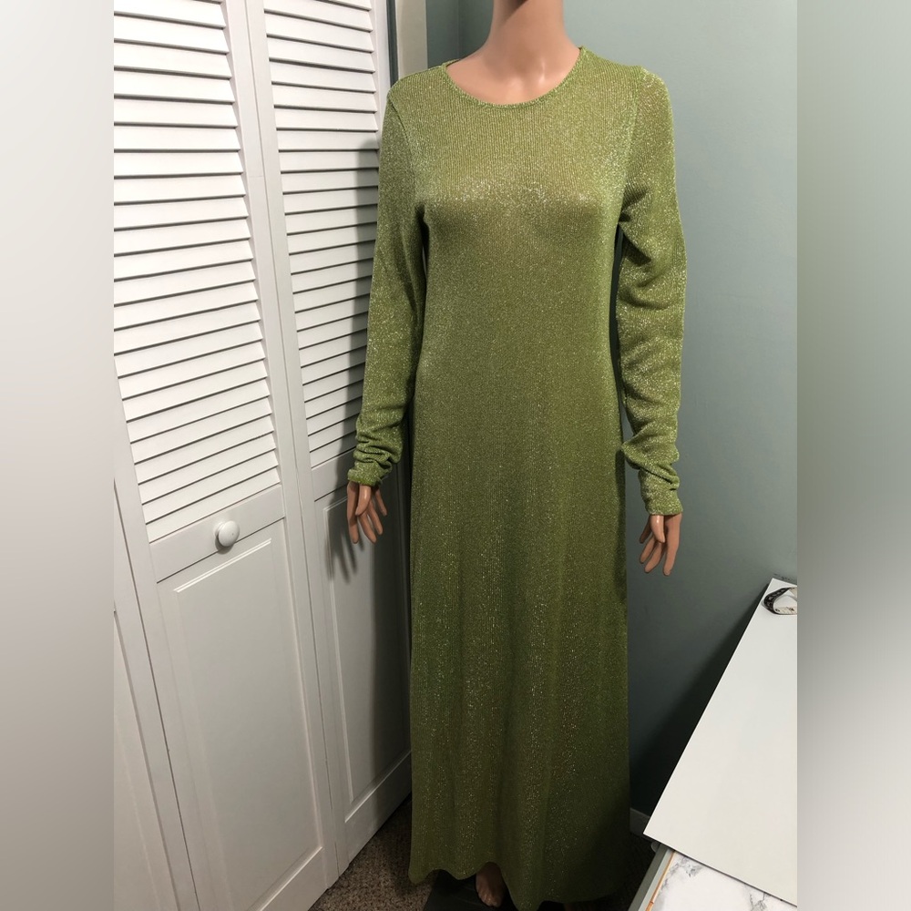 Zara Green Metallic Sheer Maxi Dress Size Large